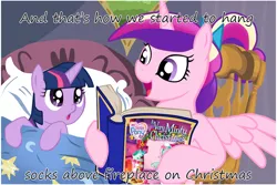 Size: 1024x683 | Tagged: safe, deleted from derpibooru, derpibooru import, minty, princess cadance, twilight sparkle, alicorn, pony, unicorn, a very minty christmas, bedtime story, book, cadance's bedtime stories, cute, cutedance, duo, exploitable meme, female, filly, g3, looking up, meme, reading, twiabetes, younger