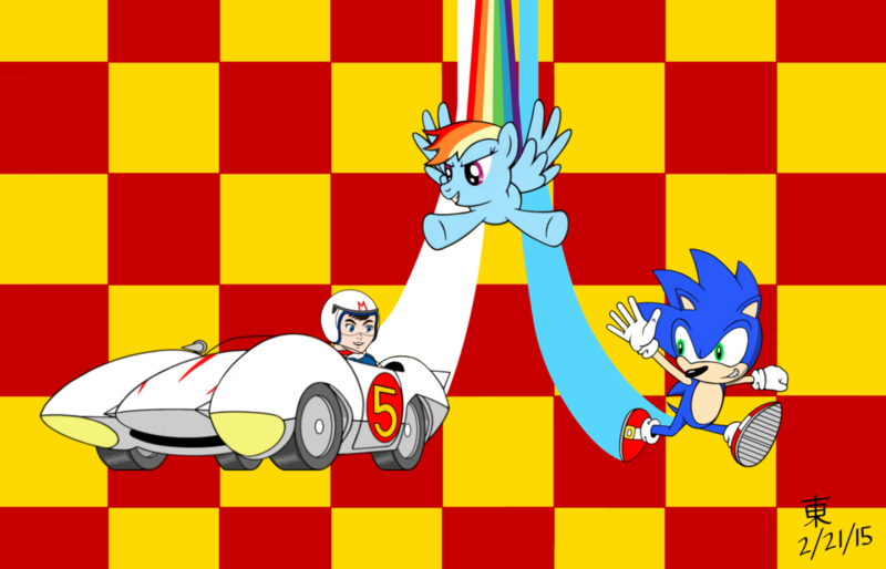 Size: 1115x717 | Tagged: artist:jazzytyfighter, car, crossover, derpibooru import, mach 5, rainbow dash, safe, sonic the hedgehog, sonic the hedgehog (series), source needed, speed racer, useless source url