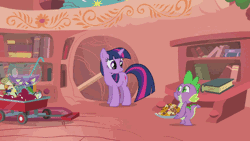 Size: 576x324 | Tagged: safe, derpibooru import, screencap, spike, twilight sparkle, dragon, pony, unicorn, owl's well that ends well, animated, apple, book, bookshelf, cookie, deaf, desk, door, duo, female, food, giggling, golden oaks library, ladder, male, mare, praise, punch (drink), punch bowl, realization, sassy, scroll, smiling, smirk, spikelove, stairs, telescope, that's spike, unicorn twilight, wagon