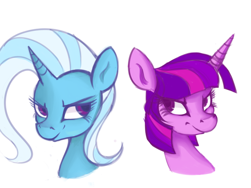 Size: 1600x1200 | Tagged: safe, artist:ibacchstudios, derpibooru import, trixie, twilight sparkle, twilight sparkle (alicorn), alicorn, pony, bust, female, mare, portrait, rivalry