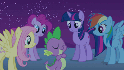 Size: 1152x648 | Tagged: admiration, animated, derpibooru import, floating, fluttershy, hill, lidded eyes, night, owl's well that ends well, pinkie pie, praise, rainbow dash, rarity, safe, scratching, screencap, sheepish, shrug, smiling, spike, spikelove, stare, stars, twilight sparkle