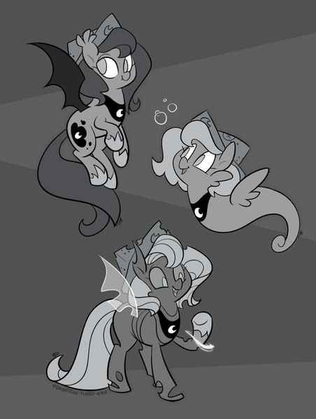 Size: 800x1062 | Tagged: safe, artist:egophiliac, derpibooru import, princess luna, bat pony, changeling, pony, sea pony, moonstuck, bat ponified, cartographer's cap, changelingified, female, filly, grayscale, hat, monochrome, race swap, seaponified, seapony luna, species swap, woona, younger