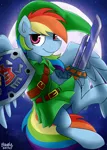 Size: 2500x3500 | Tagged: safe, artist:bravelyart, derpibooru import, rainbow dash, pegasus, pony, belt, clothes, cosplay, costume, crossover, elf hat, hat, hylian shield, link, link's hat, link's tunic, night, razor sword, smiling, solo, sword, the legend of zelda, weapon