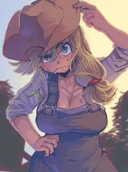 Size: 499x669 | Tagged: applejack, applejack's hat, artist:jirousan, breasts, busty applejack, cleavage, clothes, cowboy hat, derpibooru import, female, hat, human, humanized, overalls, safe, solo, sweat