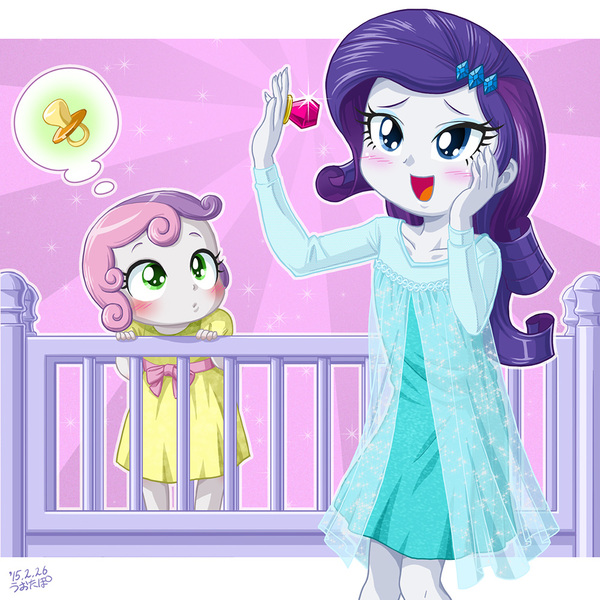 Size: 1000x1000 | Tagged: safe, artist:uotapo, derpibooru import, rarity, sweetie belle, equestria girls, beautiful, clothes, cosplay, costume, crib, cute, dress, elsa, frozen (movie), jewelry, pacifier, queen elsarity, ring, ringpop, toddler, uotapo is trying to murder us, younger