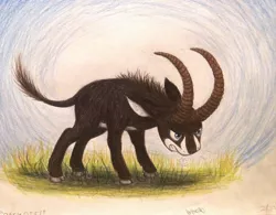 Size: 1280x1000 | Tagged: angry, animal in mlp form, antelope, artist:thefriendlyelephant, bearing horn(s), derpibooru import, giant sable antelope, grass, horns, oc, oc:sabe, safe, solo, traditional art, unofficial characters only