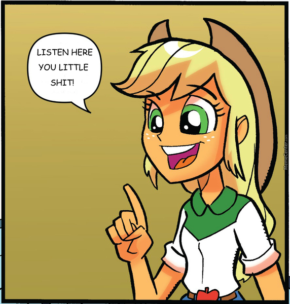 Size: 887x930 | Tagged: safe, derpibooru import, edit, idw, applejack, equestria girls, spoiler:comic, applejack's opinion, caption, comic, equestria girls holiday special, exploitable meme, female, holiday special, image macro, listen here, listen here you little, meme, reaction image, simple background, solo, text, vulgar