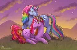 Size: 1024x668 | Tagged: artist:hinchen, derpibooru import, eyes closed, g1, galaxy (g1), moonstone, mountain, prone, rainbow ponies, safe, twilight (astronomy), twinkle eyed pony