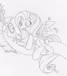 Size: 875x1000 | Tagged: suggestive, artist:dfectivedvice, derpibooru import, discord, fluttershy, blushing, boo-hoo-hoo-hoo!, discoshy, female, grayscale, male, monochrome, shipping, straight