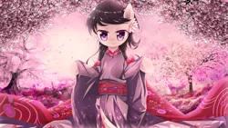 Size: 1920x1080 | Tagged: safe, artist:cyanaeolin, artist:vipeydashie, derpibooru import, octavia melody, earth pony, pony, cherry tree, clothes, female, flower, flower in hair, kimono (clothing), looking at you, mare, solo, tree, wallpaper