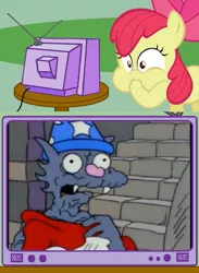 Size: 563x771 | Tagged: apple bloom, derpibooru import, exploitable meme, gagging, grimdark, itchy and scratchy, meme, obligatory pony, scratchy, the simpsons, the sorcerer's apprentice, tv meme