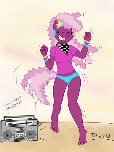 Size: 1944x2592 | Tagged: 80s, 80s cheerilee, 80's fashion, 80s hair, anthro, artist:lord waite, artist:tolpain, barefoot, boombox, bracelet, braces, cheerilee, clothes, colored, dancing, derpibooru import, feet, jewelry, music, panties, plantigrade anthro, radio, sketch, suggestive, underwear