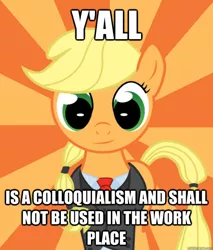 Size: 588x691 | Tagged: advice meme, alternate hairstyle, applejack, caption, clothes, derpibooru import, exploitable meme, image macro, meme, safe, successful applejack, suit, text, y'all