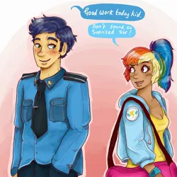 Size: 2000x2000 | Tagged: safe, artist:superlucky13, derpibooru import, rainbow dash, soarin', human, breasts, cleavage, clothes, female, humanized, male, shipping, soarindash, straight, sweatshirt, uniform, wonderbolts dress uniform