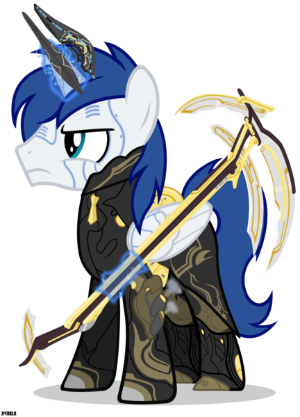 Size: 3281x4560 | Tagged: safe, artist:a4r91n, derpibooru import, oc, oc:prince nova, unofficial characters only, alicorn, pony, alicorn oc, angry, crossover, cyborg space ninja pony, frost prime (warframe), horn, magic, scythe, simple background, telekinesis, transparent background, vector, warframe, weapon, wings