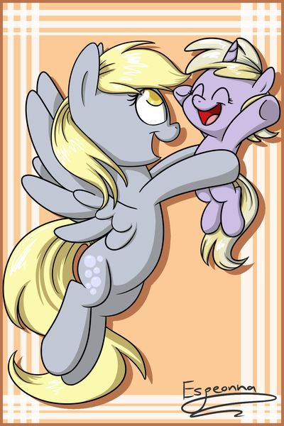 Size: 1000x1500 | Tagged: safe, artist:espeonna, derpibooru import, derpy hooves, dinky hooves, pegasus, pony, equestria's best mother, female, happy, mare