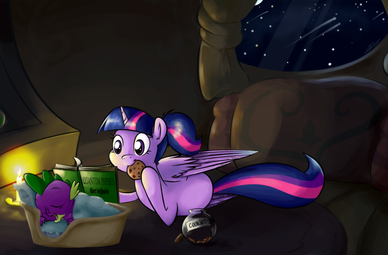 Size: 3063x2012 | Tagged: safe, artist:alskylark, derpibooru import, spike, twilight sparkle, twilight sparkle (alicorn), alicorn, pony, back twist, cookie, female, flexible, food, mare, reading