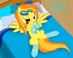Size: 1680x1333 | Tagged: artist:spitshy, bed, bedroom eyes, clothes, derpibooru import, female, flower, goggles, grin, implied shipping, implied soarin', implied soarinfire, implied straight, latex, latex socks, male, on back, raised eyebrow, seduction, seductive, sexy, shipping, smiling, soarin', soarinfire, socks, solo, solo female, spitfire, spread wings, straight, stupid sexy spitfire, suggestive, wingboner, wings