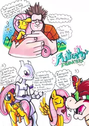 Size: 642x907 | Tagged: artist:aurora-chiaro, blushing, bowser, confused, crossover, cute, derpibooru import, dialogue, fluttershy, hnnng, hug, kissing, mewtwo, nose kiss, pokémon, safe, super mario bros., talking, traditional art, wreck-it ralph