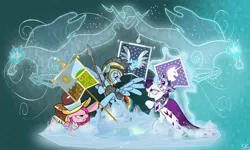 Size: 1866x1119 | Tagged: safe, artist:dsana, derpibooru import, chancellor puddinghead, commander hurricane, pinkie pie, princess platinum, rainbow dash, rarity, earth pony, pegasus, pony, unicorn, windigo, hearth's warming eve (episode), banner, cold hearts, ice, pegasopolis, pinkamena diane pie, spear, trio, unicornia, weapon, winter