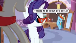 Size: 600x338 | Tagged: 20% cooler, art of the dress, derpibooru import, duo, edit, edited screencap, glasses, mannequin, quote, rainbow dash, rarity, safe, screencap, speech bubble, suited for success