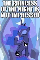 Size: 350x525 | Tagged: bored, caption, derpibooru import, equestria games, equestria games (episode), eyes closed, image macro, princess luna, princess of the night, raised hoof, reaction image, safe, screencap, sleepy, solo, text, throne, unimpressed, yawn