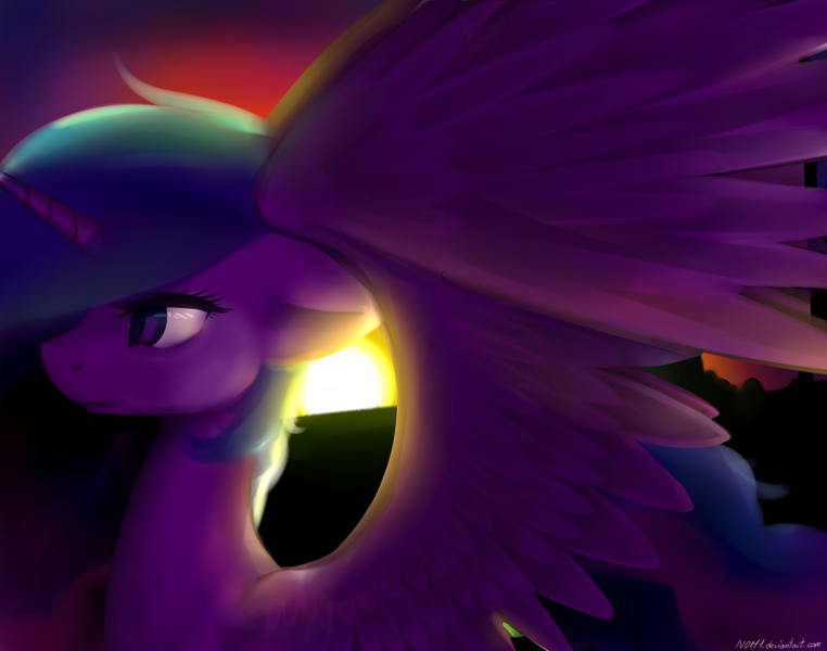 Size: 1500x1181 | Tagged: artist:n0m1, derpibooru import, princess celestia, safe, solo, spread wings, sunset, twilight (astronomy), wings