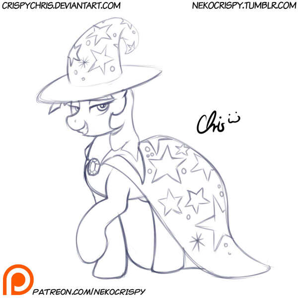 Size: 900x900 | Tagged: accessory swap, artist:nekocrispy, cape, clothes, derpibooru import, grin, hat, monochrome, patreon, raised hoof, safe, smiling, solo, the great and powerful, trixie's cape, trixie's hat, twilight sparkle