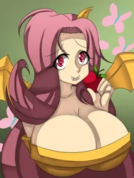 Size: 1024x1365 | Tagged: suggestive, artist:d-xross, derpibooru import, fluttershy, bat pony, human, bats!, apple, bat ponified, big breasts, breasts, busty fluttershy, cleavage, clothes, eye clipping through hair, female, flutterbat, food, huge breasts, humanized, impossibly large breasts, light skin, off shoulder, race swap, solo, solo female, sweater, sweatershy