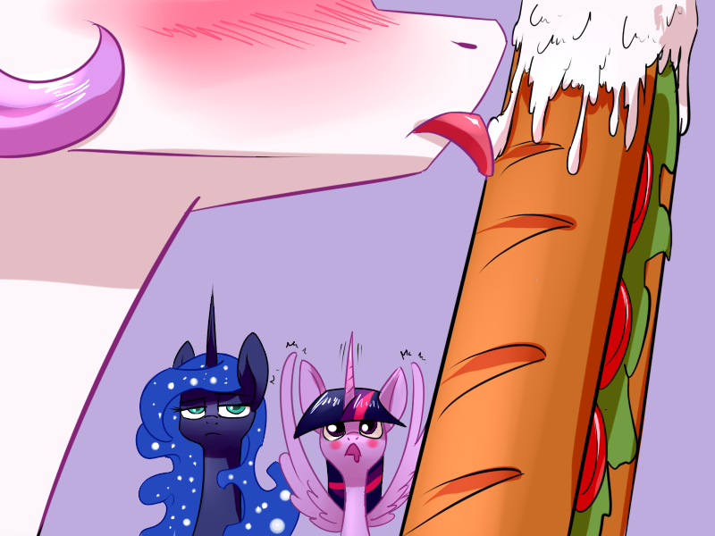 Size: 800x600 | Tagged: questionable, artist:underpable, derpibooru import, princess celestia, princess luna, twilight sparkle, twilight sparkle (alicorn), alicorn, pony, princess molestia, :<, blushing, drool, female, food, frown, horn, hornboner, licking, mare, sandwich, spread wings, suggestive eating, tongue out, unamused, wingboner, wings