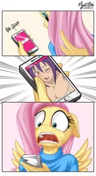 Size: 556x1024 | Tagged: anthro, artist:mysticalpha edits, blair, breasts, cleavage, derpibooru import, emiri katou, exploitable meme, female, fluttershy, fluttershy's phone, meme, shocked, soul eater, suggestive, voice actor joke