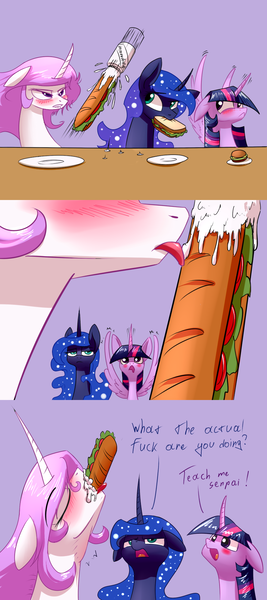 Size: 800x1800 | Tagged: questionable, artist:underpable, derpibooru import, princess celestia, princess luna, twilight sparkle, twilight sparkle (alicorn), alicorn, pony, princess molestia, :<, bedroom eyes, blowjob, blushing, burger, comic, curved horn, deepthroat, drool, eating, eyes closed, female, floppy ears, food, frown, gratuitous japanese, horn, hornboner, implied blowjob, implied cum, implied oral, implied sex, japanese, licking, lip bite, mare, mayonnaise, nom, not porn, open mouth, oral, sandwich, sauce, senpai, sharp horn, spread wings, sub sandwich, suggestive eating, throat bulge, tongue out, unamused, vulgar, wide eyes, wingboner, wings, wtf