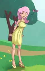 Size: 786x1229 | Tagged: artist:dragomyr, clothes, derpibooru import, dress, fluttershy, human, humanized, light skin, safe, scene interpretation, solo, sonic rainboom (episode), yay