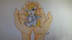 Size: 960x540 | Tagged: safe, artist:derpypieflutter, derpibooru import, derpy hooves, human, pony, hand, holding a pony, in goliath's palm, looking at you, on back, one eye closed, solo, spread wings, tiny, tiny ponies, tongue out, traditional art, underhoof, wings, wink