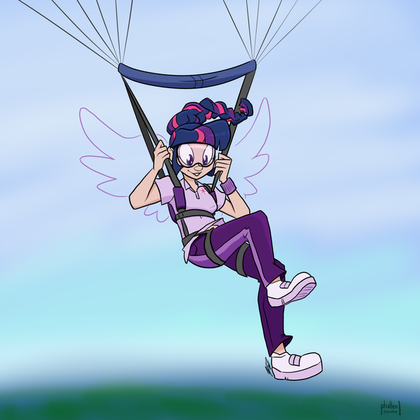 Size: 1800x1800 | Tagged: air ponyville, alicorn, artist:egophiliac, colored, derpibooru import, flying, goggles, human, humanized, parachute, safe, skydiving, twilight sparkle, twilight sparkle (alicorn), wings