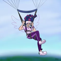 Size: 1800x1800 | Tagged: air ponyville, alicorn, artist:egophiliac, colored, derpibooru import, flying, goggles, human, humanized, parachute, safe, skydiving, twilight sparkle, twilight sparkle (alicorn), wings