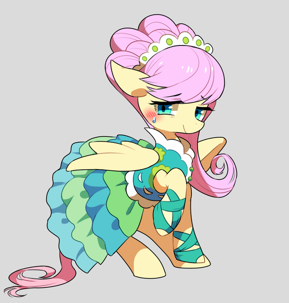 Size: 800x839 | Tagged: safe, artist:kabosu, derpibooru import, fluttershy, pegasus, pony, green isn't your color, alternate hairstyle, blushing, clothes, cute, dress, female, gray background, mare, pixiv, shyabetes, simple background, solo, sweat, sweatdrop