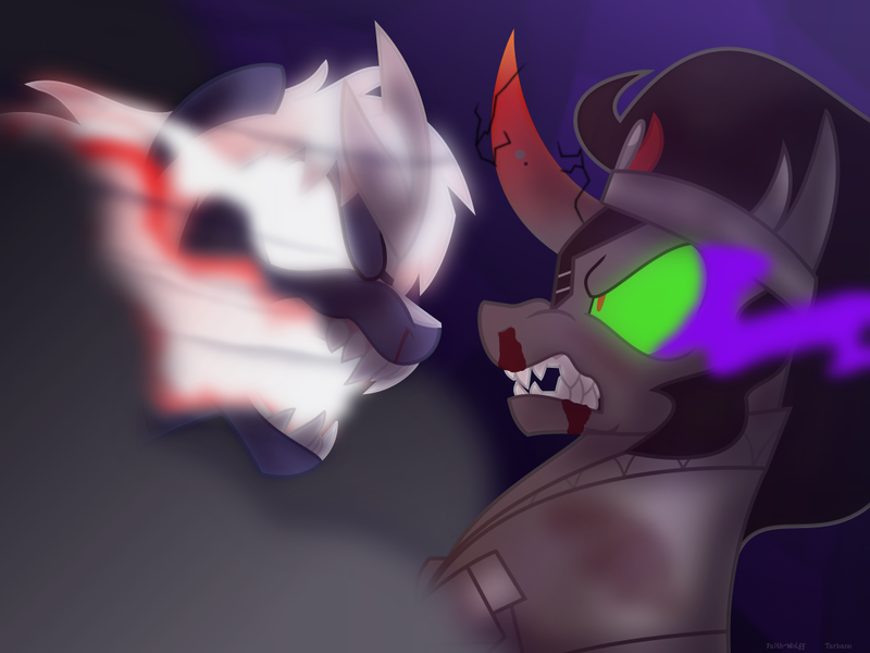 Size: 1086x815 | Tagged: safe, artist:faith-wolff, derpibooru import, king sombra, ponified, kaiju, kaiju pony, pony, unicorn, fanfic:the bridge, duo, fanfic art, fangs, godzilla (series), horn, male, multiple horns, read in beast wars megatron's voice, spacegodzilla, stallion, story included, tricorn, xenilla