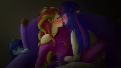 Size: 1920x1080 | Tagged: suggestive, artist:g-glory, derpibooru import, boulder (pet), maud pie, sunset shimmer, twilight sparkle, twilight sparkle (alicorn), alicorn, equestria girls, rainbow rocks, blushing, clothes, female, french kiss, imminent sex, kissing, leg lock, lesbian, pajamas, peeping, shipping, sloppy kissing, sunsetsparkle, surprise kiss, voyeurism