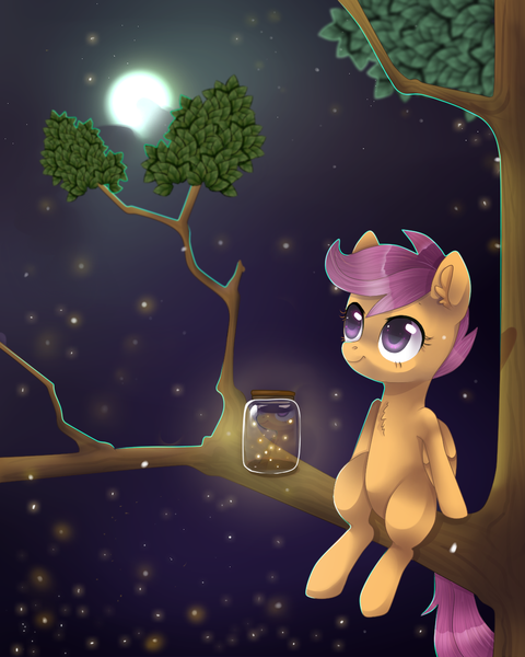 Size: 1024x1280 | Tagged: artist:nayra-the-wolf, bottle, cute, cutealoo, derpibooru import, firefly (insect), insect, moon, night, reflection, safe, scootaloo, solo, tree