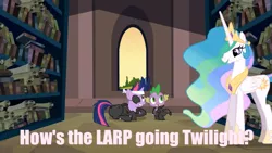 Size: 845x475 | Tagged: canterlot library, caption, catsuit, derpibooru import, edit, edited screencap, image macro, it's about time, larp, meme, princess celestia, safe, screencap, scroll, spike, text, text edit, twilight sparkle