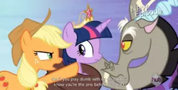 Size: 1575x803 | Tagged: safe, derpibooru import, edit, edited screencap, screencap, applejack, twilight sparkle, twilight sparkle (alicorn), alicorn, pony, princess twilight sparkle (episode), caption, frown, glare, meme, pointing, unamused, wide eyes, youtube caption