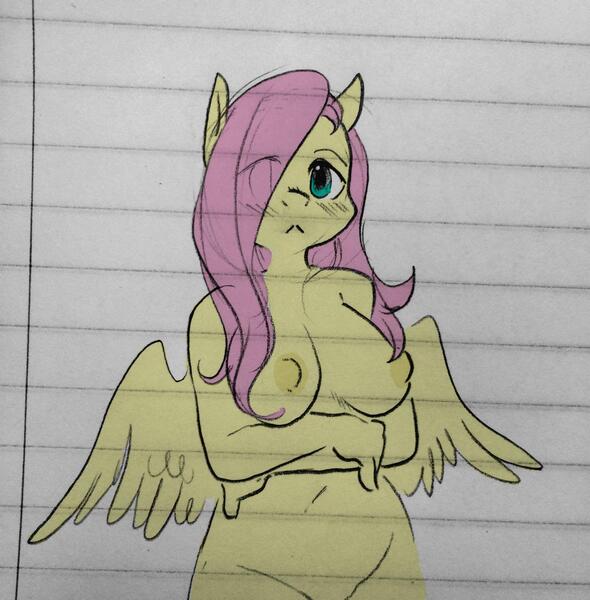 Size: 1259x1280 | Tagged: :<, anthro, artist:glacierclear, artist:glacierclear edits, blushing, breasts, derpibooru import, edit, female, fluttershy, lined paper, nipples, nudity, questionable, solo, solo female, traditional art