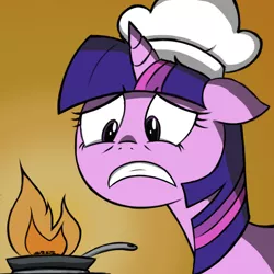 Size: 1390x1390 | Tagged: artist:anearbyanimal, chef's hat, cooking, cute, derpibooru import, fail, fire, frying pan, hat, safe, this will end in tears and/or breakfast, twilight sparkle