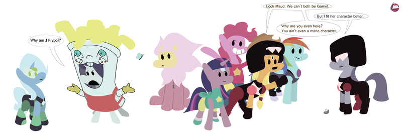 Size: 4745x1595 | Tagged: safe, artist:liracrown, derpibooru import, applejack, fluttershy, maud pie, pinkie pie, rainbow dash, rarity, trixie, twilight sparkle, big cat, lion, pony, unicorn, amethyst (steven universe), clothes, cosplay, costume, female, fluttery, frybo, garnet (steven universe), group, lion (steven universe), mane six, mare, pearl (steven universe), peridot (steven universe), steven quartz universe, steven universe