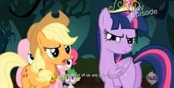 Size: 1591x811 | Tagged: safe, derpibooru import, edit, edited screencap, screencap, applejack, fluttershy, pinkie pie, spike, twilight sparkle, twilight sparkle (alicorn), alicorn, pony, big crown thingy, caption, element of magic, female, it's happening, jewelry, mare, meme, regalia, youtube caption