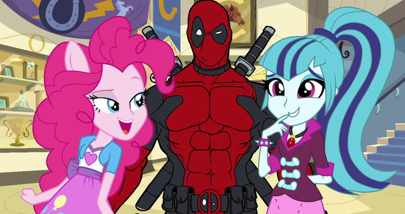Size: 1228x650 | Tagged: safe, artist:cyrilsmith, derpibooru import, pinkie pie, sonata dusk, equestria girls, crossover, crossover shipping, deadpool, female, implied shipping, male, pinkiepool (pairing), ponied up, pony ears, shipping, sonatapool, straight