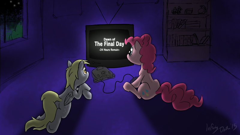 Size: 2869x1614 | Tagged: safe, artist:infinitydash, derpibooru import, derpy hooves, pinkie pie, pegasus, pony, female, mare, nintendo, nintendo 64, television, the legend of zelda, the legend of zelda: majora's mask