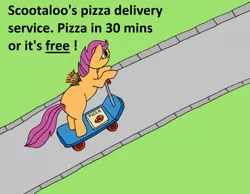 Size: 1013x788 | Tagged: safe, artist:mythicsteed, derpibooru import, scootaloo, pegasus, pony, delivery, domino's, domino's pizza, dominos, female, filly, food, pizza, scooter