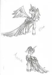 Size: 981x1398 | Tagged: safe, artist:auroisa-fugaz14, derpibooru import, ponified, pony, anna, clothes, crossover, disney, dress, elsa, frozen (movie), monochrome, traditional art